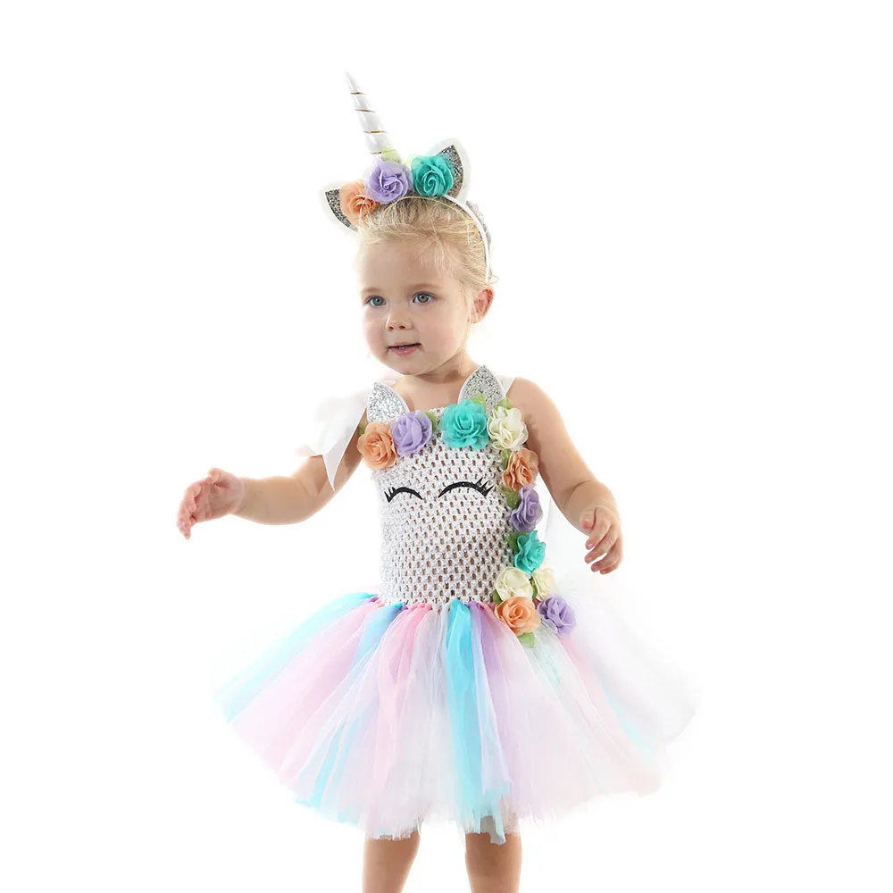 Пастельная Радуга, платье-пачка с единорогом, платье с цветочным рисунком для девочек, детское праздничное платье на день рождения, костюм принцессы на Хэллоуин с единорогом
