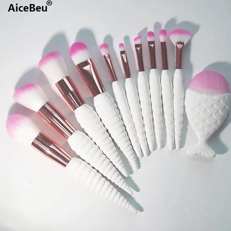 

AiceBeu 11Pcs Conch Shell Makeup Brushes Sprial Handle Mermaid Foundation Powder Eyebrow Contour Face Kabuki Make Up Brush Tools