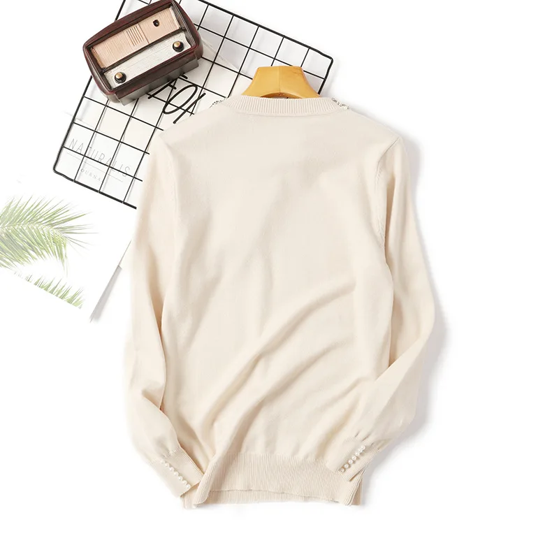 2019 Autumn Winter Korean Women Pearl Neckline Pullover Sweater Female Long Sleeve Loose Slimming Temperament Knit Tops Femme