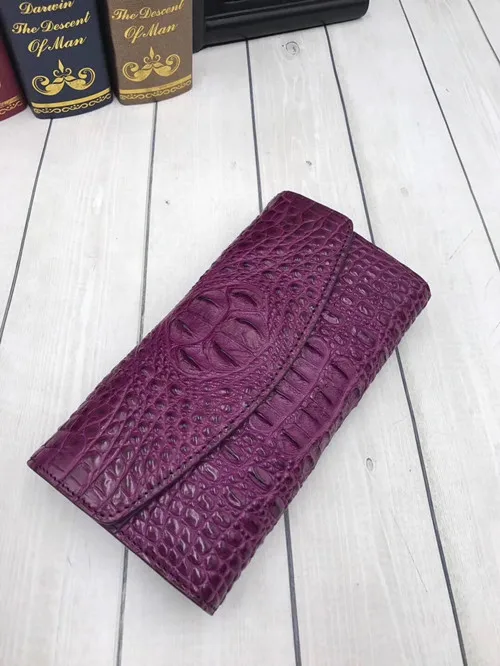 Настоящий женский длинный кошелек из крокодиловой кожи с отделением для карт из натуральной кожи аллигатора, Женский карман для монет, женский большой розовый клатч - Цвет: Фиолетовый