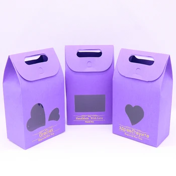 

purple box 20pcs 10x9.8x6cm Thank you gold Merci bag boxes with stand up window for wedding/Gift/candy/tea handmade Packing Bags