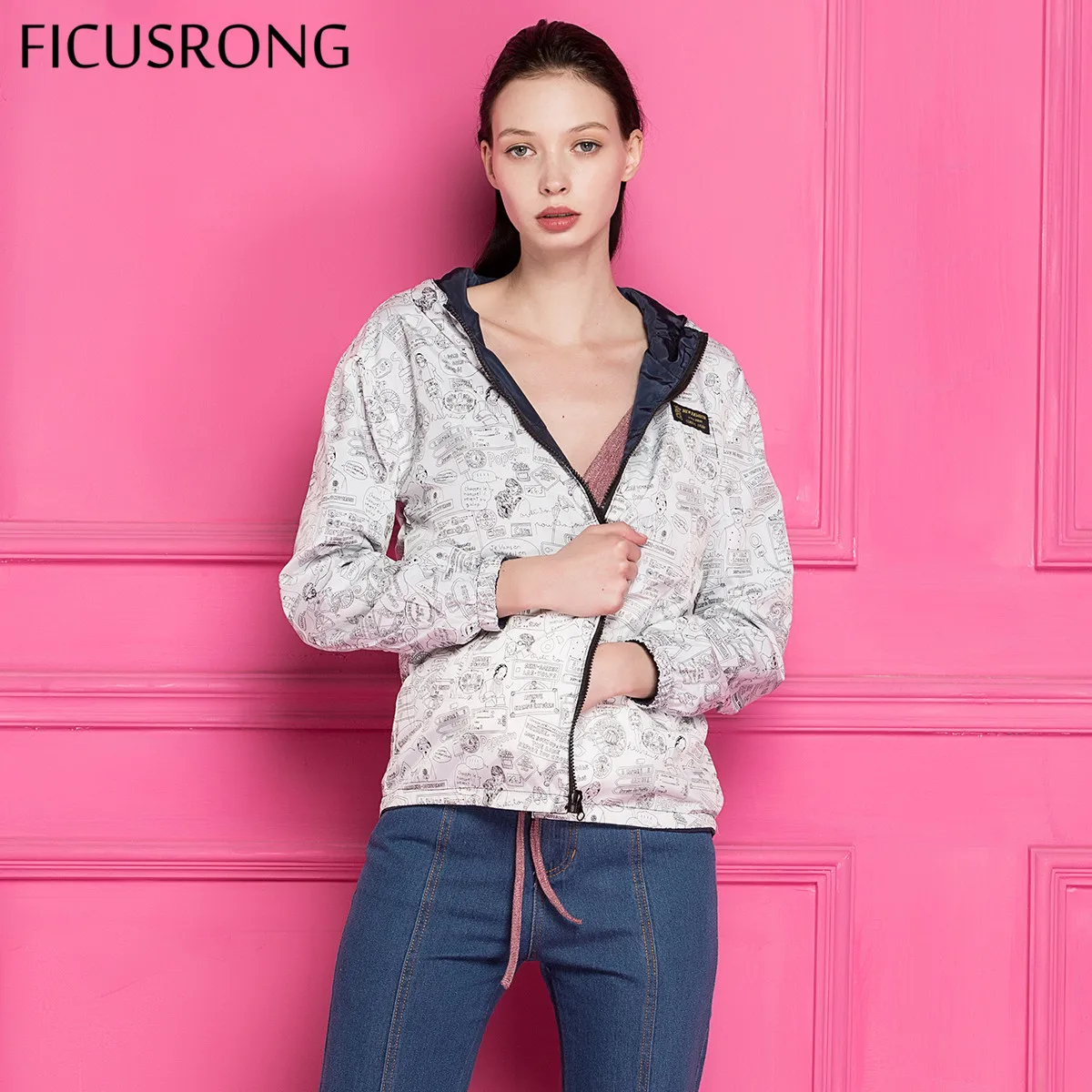 FICUSRONG 2018 New Autumn Women Bomber Basic Jacket Pocket Zipper Hooded Two Side Wear Cartoon Print Outwear Navy Loose Coat