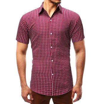 

Summer Men's Shirts Blouse Casual Slim Fit Plaid Print Streetwear Button Up Short-sleeved Beach Men Dress Shirts Tops Clothing