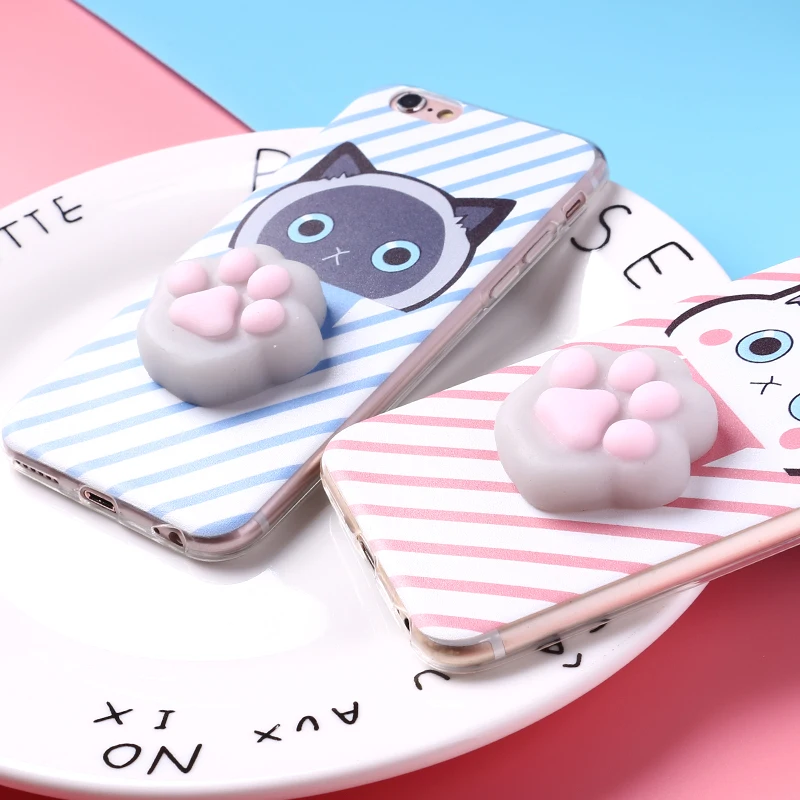 TOMOCOMO Cute Lucky 3D Cat Kitty Squishy Cartoon Animals Seal Stress Soft Phone Case For iPhone 7 7Plus 6S 6Plus 8 8Plus SAMSUNG