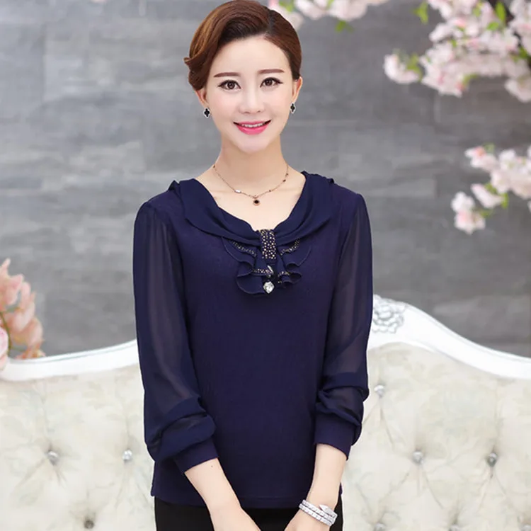 Летние женские блузки женская блузка для женщин среднего возраста плюс размер 40-50 лет шифоновая блузка для матери T528 - Цвет: Тёмно-синий