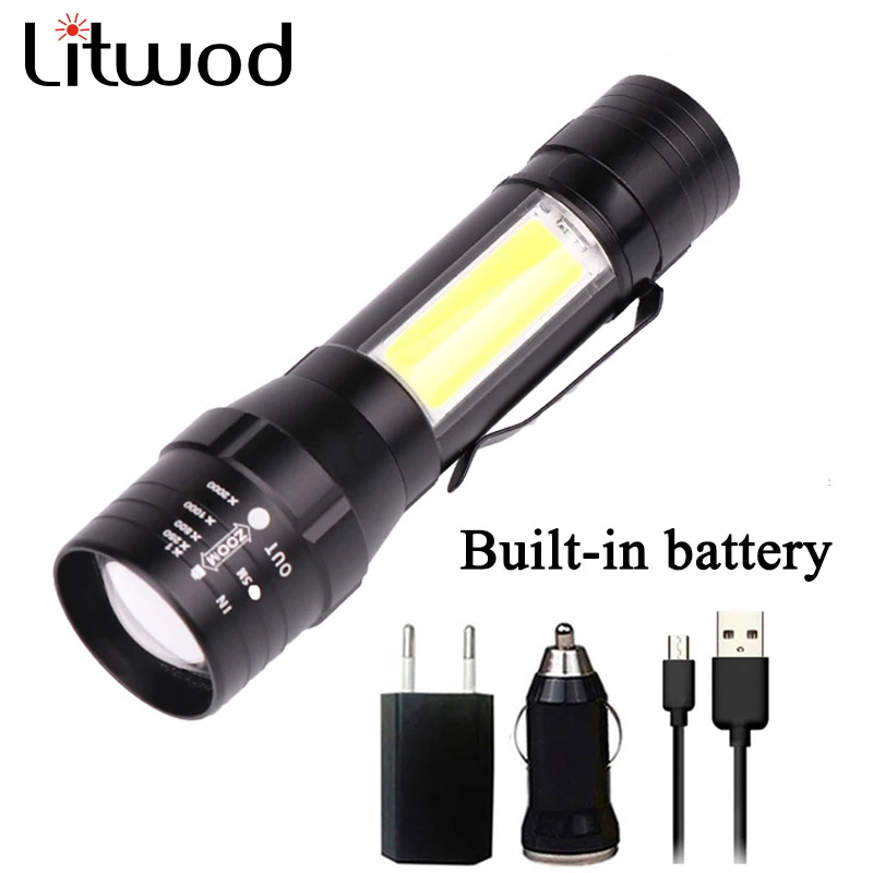 

Z203101 Litwod LED Flashlight CREE T6 COB Torch Aluminum alloy rechargeable lantern built-in battery Portable light For Camping