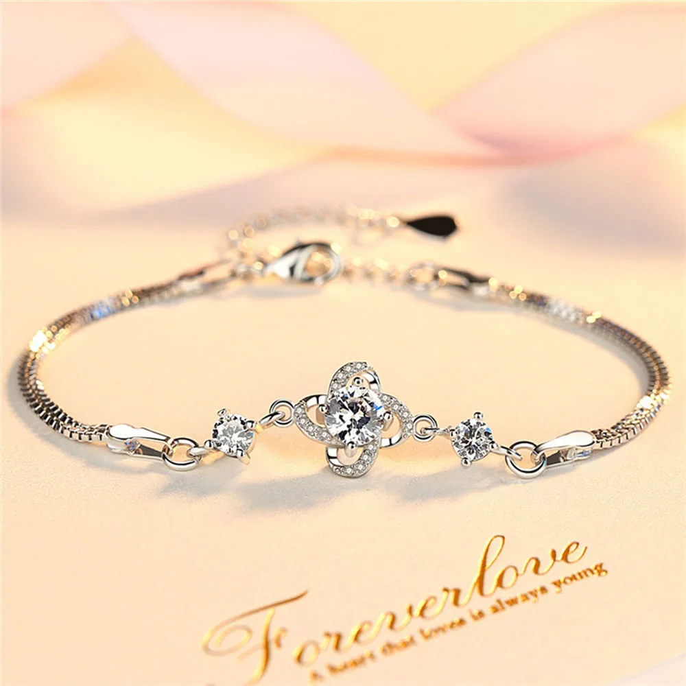 

Authentic 925 Sterling Silver Bracelet Clover Box Chain Crystal Bracelets Bangles For Women Wedding Party Jewelry Gift