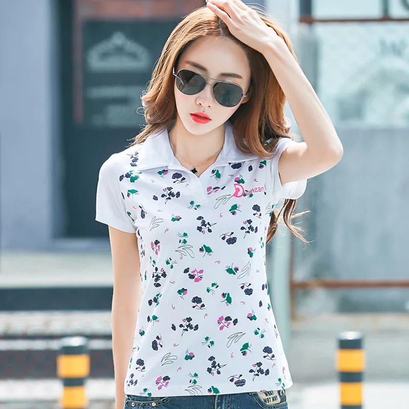 

Cool Summer Lady White Polo Shirts Plus Size M-4XL Flower Printed Girls Casual Tees Breathable Tops