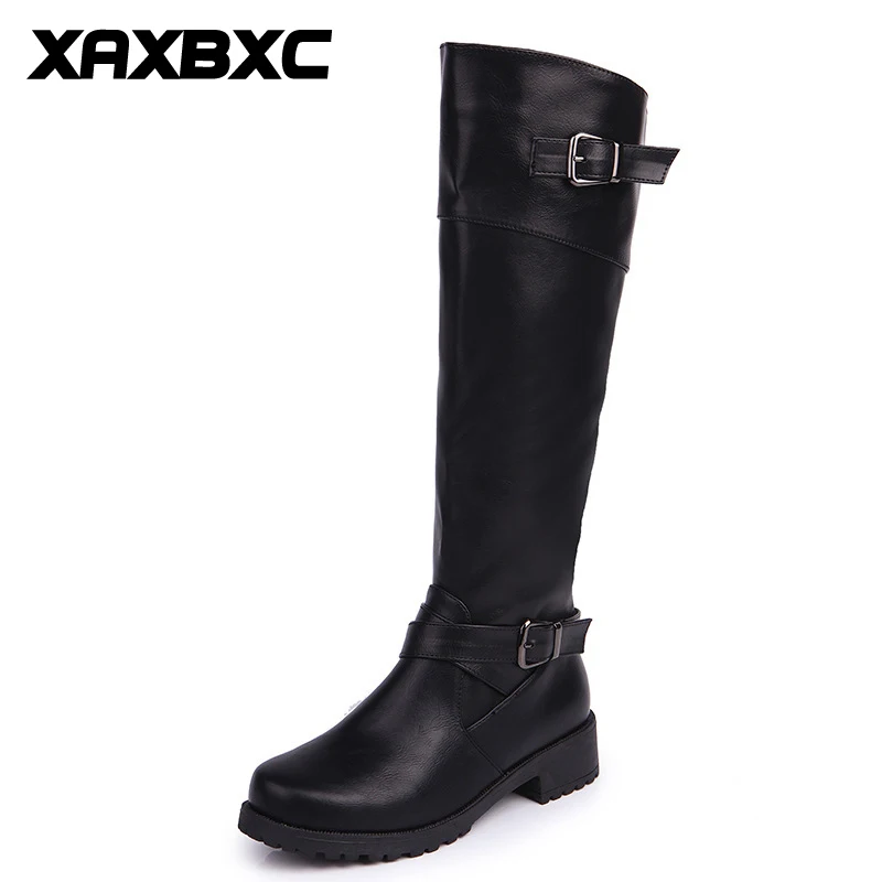 

XAXBXC 2018 Autumn Winter Retro British Style Leather Long Boots Platform Low Heels Women Riding Boots Casual Ladies Shoes Plus
