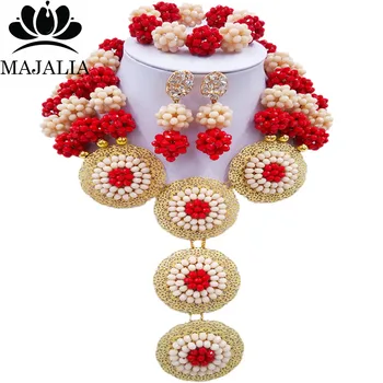 

Majalia Fashion Nigeria Wedding African Beads Jewelry Set Beige and Opaque red Crystal Necklace Bridal Jewelry Sets 3SP027