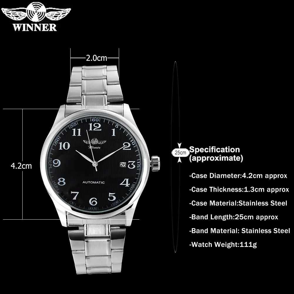 WINNER Men Business Automatic Self Wind Watches Auto Date Man Fashion Mechanical Wristwatches Stainless Steel Band