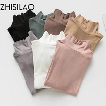 Тонкая водолазка футболки s однотонные рубашки с длинными рукавами Осень Зима хлопок высокая эластичная футболка белые женские топы футболки Femme