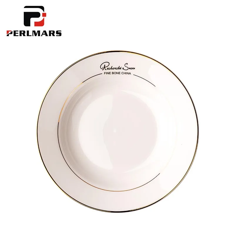 

8 Inch Brief Gold Border Bone china Soup Plate Hotel Spaghetti Vegetables Deep Dish Handmade Tableware Pastry Round Saucer Gifts