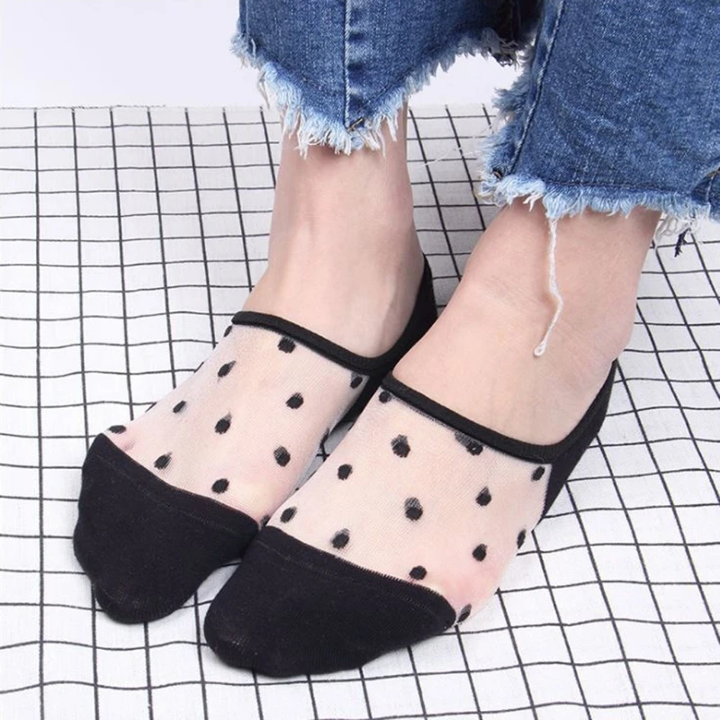 

Women Sheer Lace Casual No Show Socks Non Slip Boat Low Cut Liner Dot Print Soft