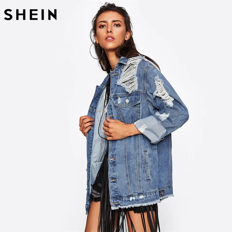 SHEIN Destroyed Boyfriend Denim Jacket Blue lapel Fall Jackets Women Single Breasted Casual Womens Jackets and Coats