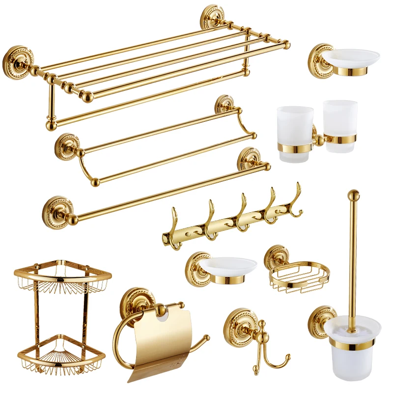 Bathroom Accessories Set Brass Gold Bath Hardware Sets Towel Rack,Paper holder Toilet Brush Holder,Towel Hanger,Hooks,Towel Ring