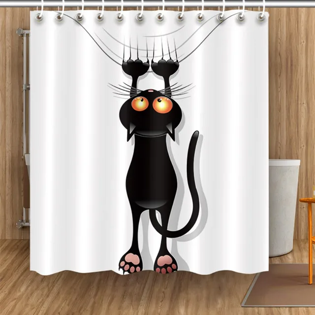 Funny Modern Cute Black Cat Waterproof Shower Curtain White Bath Curtain Polyester Fabric with