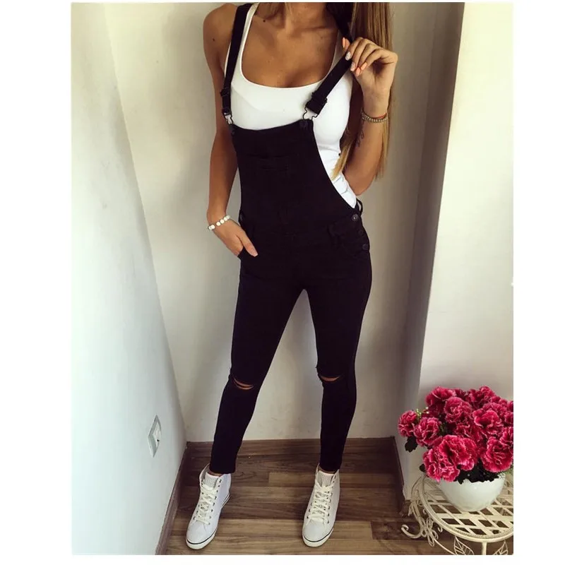 

Fashion Women's Fashion Loose Denim Bib Hole Pants Overalls Jeans Demin Trousers Jumpsuit Black white Drop Shipping