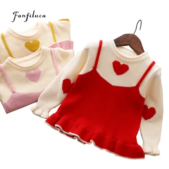 

Fanfiluca Toddler Girls Sweaters Fake two Piece Heart Outerwear Children Round Collar Pullovers Baby Girl Cotton Knit Sweaters