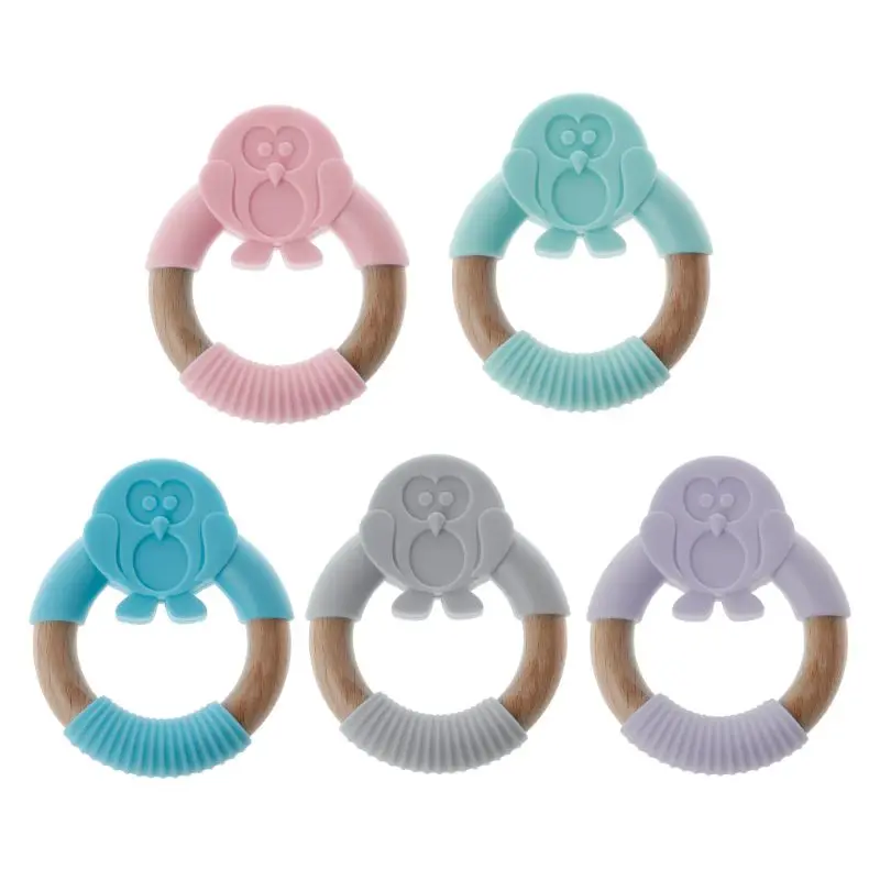 

Baby Animal Silicone Teether Safe Organic Wood Teething Ring Chew Charms Newborn Sensory Toy