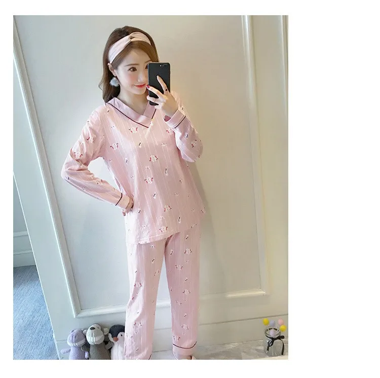 2019 Весна 100% хлопок пижама с разрезом наборы для Для женщин с длинным рукавом пижамы печати пижамы полосатая Домашняя одежда домашняя