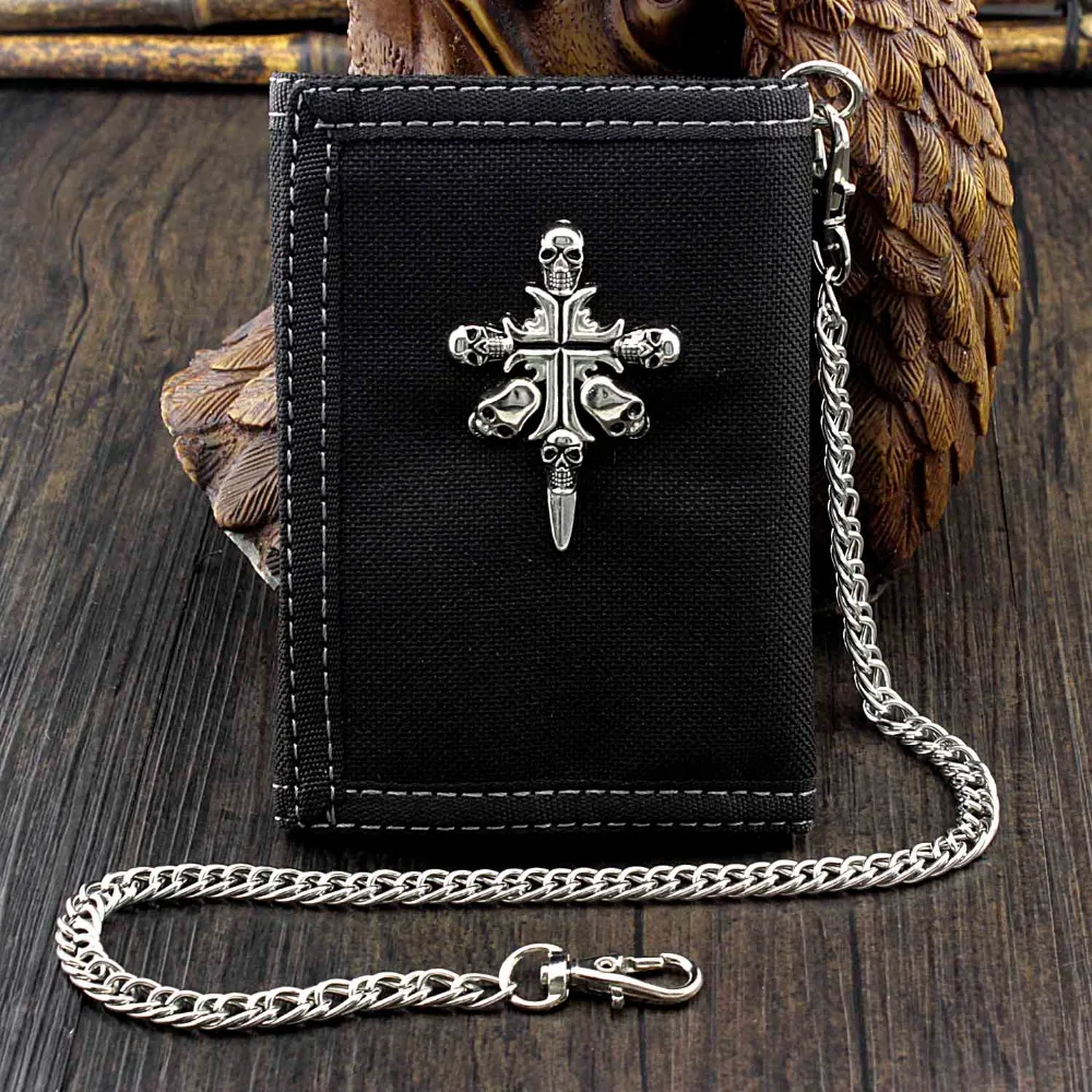 

Men's Boy's Skull Cross Trifold wallet Card Holder Purse with safty Chain
