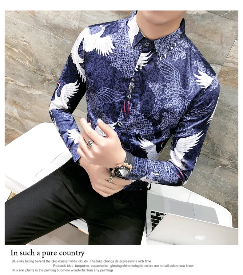 2018 мужская печатных Рубашки для мальчиков рубашка с длинными рукавами мужские китайский Стиль цветочный Рубашки для мальчиков кран