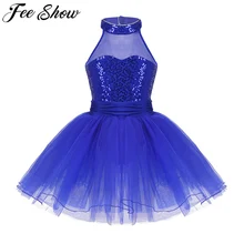 FEESHOW/детское балетное платье-пачка без рукавов с сеткой и блестками для девочек, гимнастическое балетное трико танцевальная одежда, балерина, платье принцессы