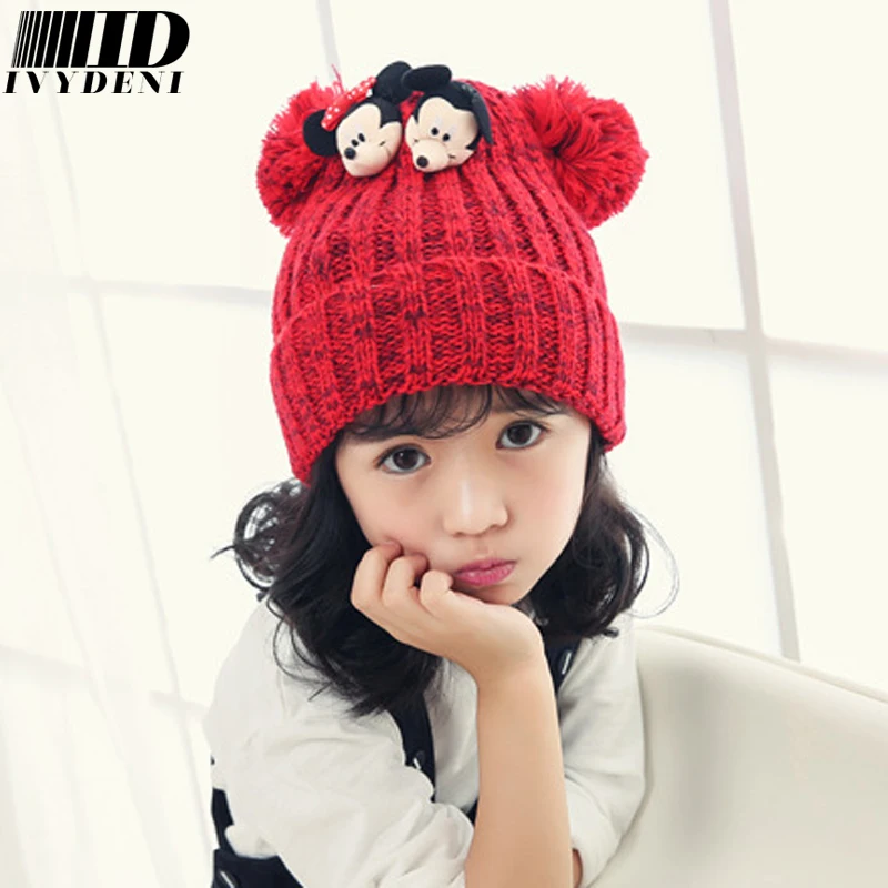 

2016 Lovely Cartoon Mickey Doll Cute Girls Hats Winter Warm Beanies Children Hat With Pom Pom Fashion Bonnet Cap Thick 3-8 Years