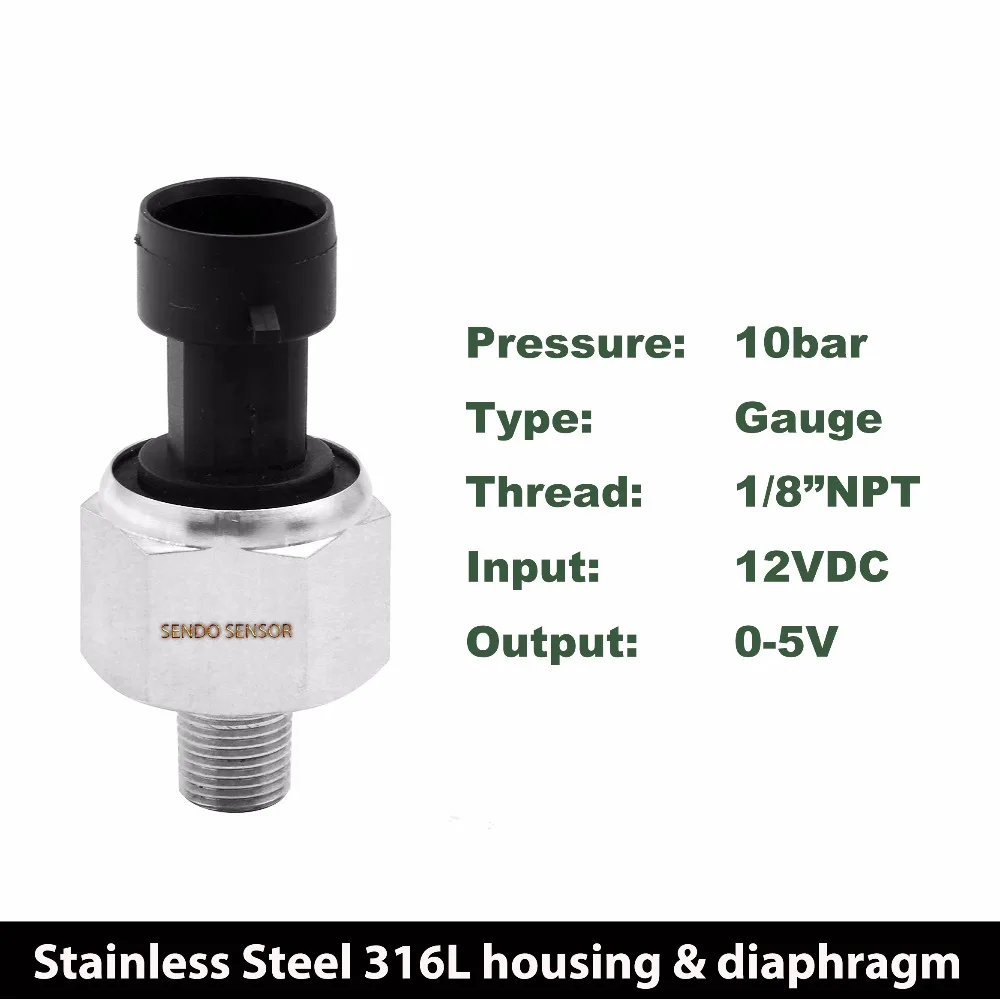 

air sensor pressure water, 0-150 psi, 0-10bar, 0-1Mpa, 12V supply, 0 5V output, stainless steel 316L, oil-filling, 1/8"NPT