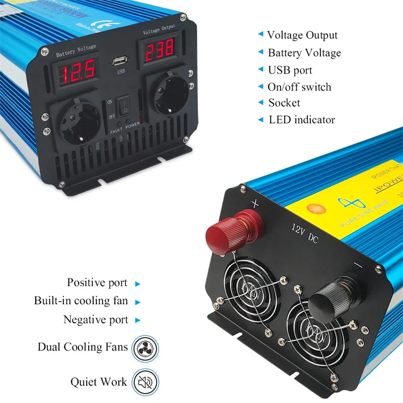 Двойной светодиодный дисплей 8000 Вт Чистая синусоида Инвертор питания DC 12 В/24 В в AC 220 В/230 В/240 В с 3.1A USB двойной разъем ЕС