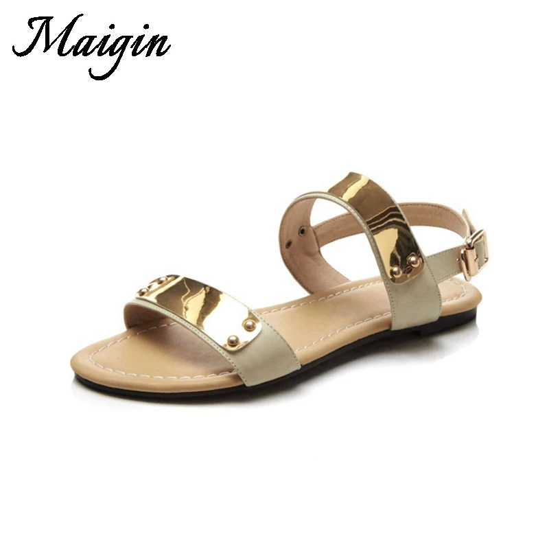 Maigin Flat Sandals Summer 2018 Open Toe Genuine Leather Sandals Women Metal Decor Low Heel Ladies Casual Shoes Women Footwear