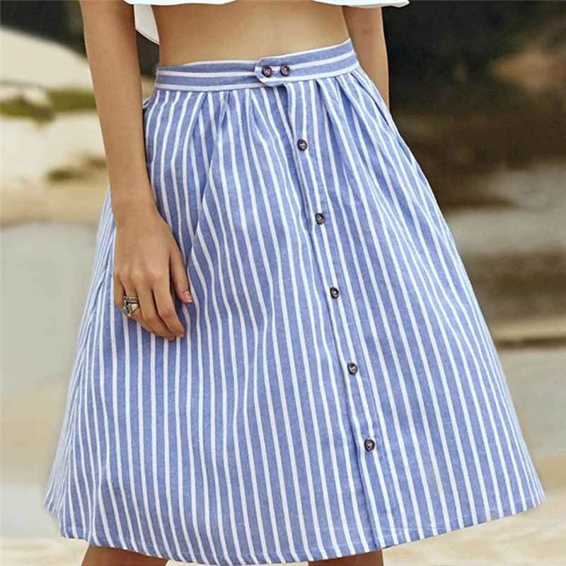 

2018 fashion High Waist Striped Skirts Women Fresh Girls A-line Skirts Buttons Single-Breasted Skirt Youthful Sweet Preppy skirt