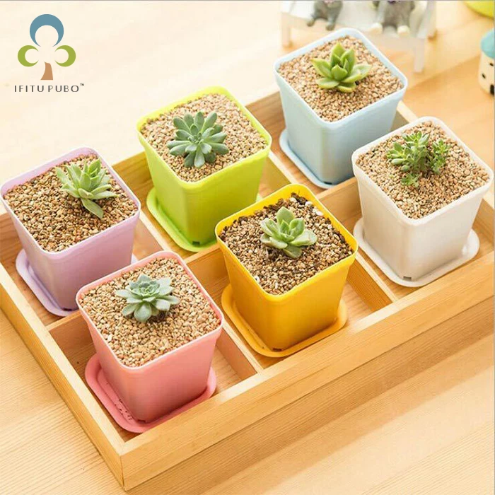 

3set/lot Gardening Mini Plastic Flower Pots+plastic tray Vase Square Flower Bonsai Planter Nursery pots 5 color garden supplies