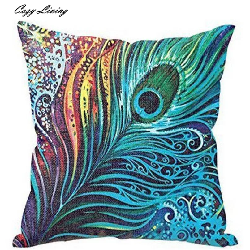 Pillow Cases 43*43CM 4 Colors Peacock Feather Printed Pillow Case Linen