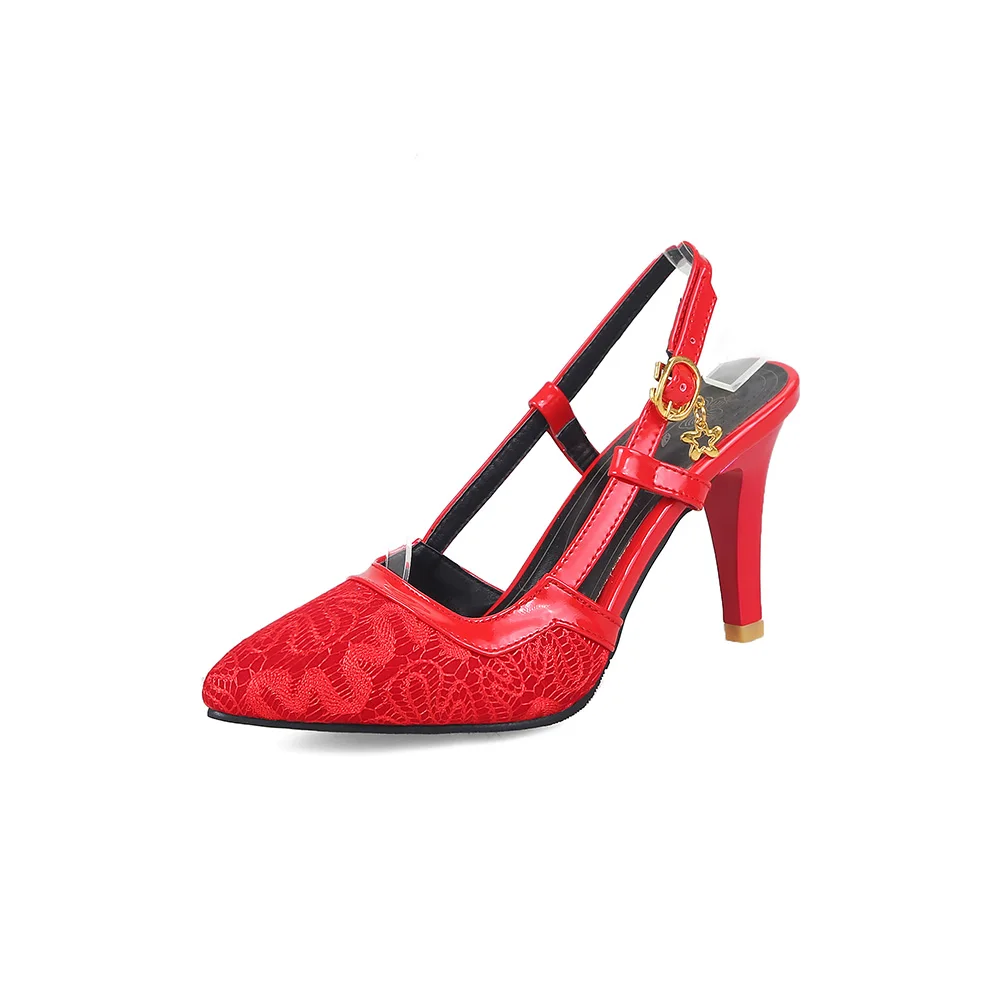 Новые брендовые Летние Элегантные женские босоножки с кружевом красного и желтого цвета женские модельные туфли на шпильке; большие размеры 32, 45, 48, 10, 12; EY28 - Цвет: Red