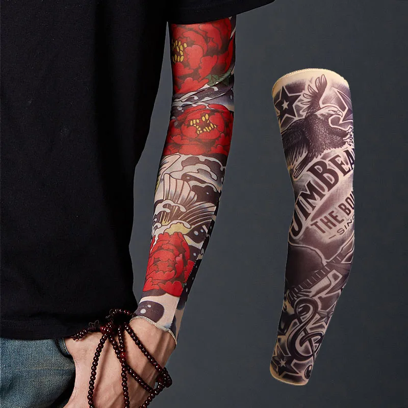 

1Pair Nylon Fake Temporary Tattoo Sleeves Arm Stockings Bicycle Elastic Compression Arm Warmer For Men Women New Arrival 2019