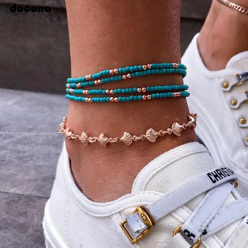 

docona Boho Green Beads Balls Shell Layered Anklet for Women Girl Beach Adjustable Chains Anklets Bracelets Pulseras 3258