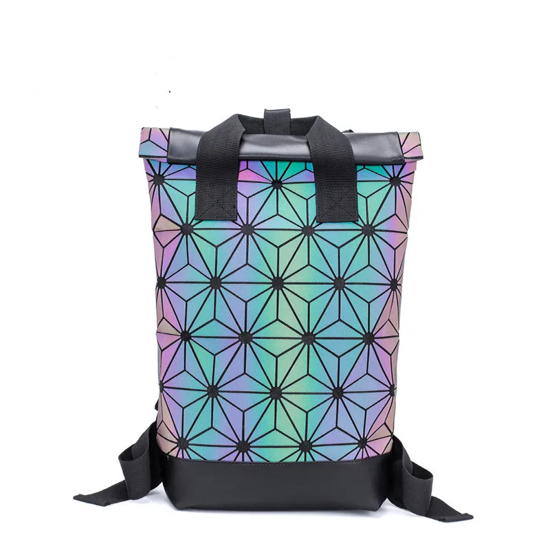 

Women Backpack PU Geometric Rhombic Foldable Backpack Men's Luminous Laser Rucksack