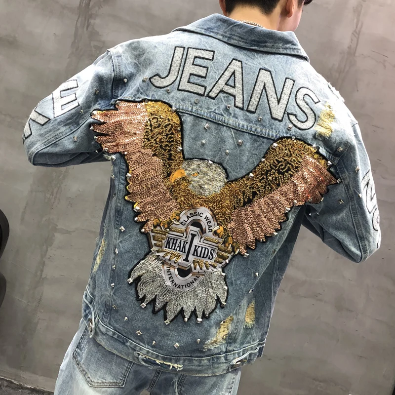 

Spring Men's Animal Embroidered Patchwork Denim Jacket Fashion Slim Sequins Denim Jacket Street Men's Hole Male Jacket 2019 New
