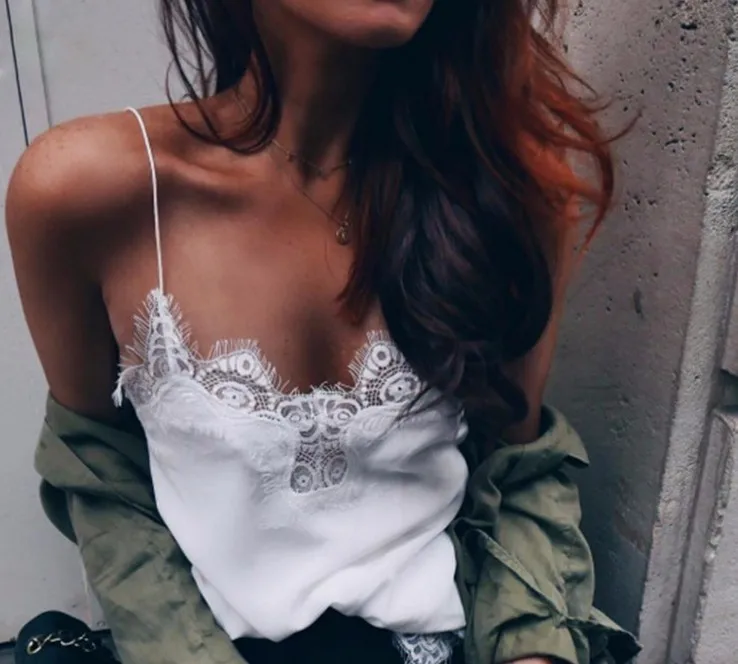 

Women's Camisole 2019 Summer Spaghetti Strap Lace Patchwork Sexy Camis Tank Tops Casual Sleeveless Black White Shirt Tops Tees