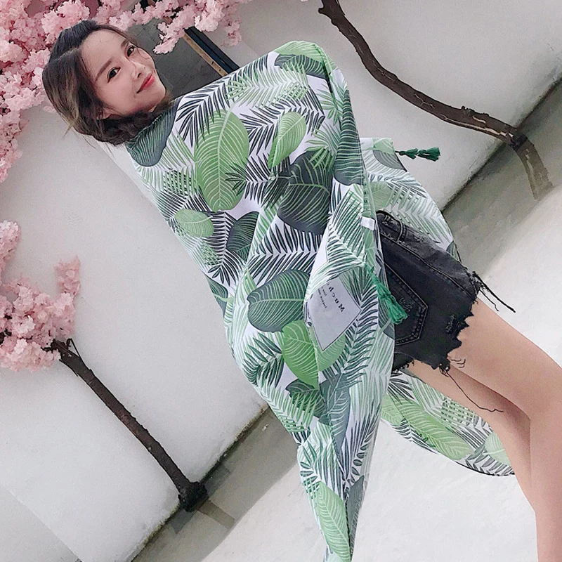 

New Brand Nadzieja green leaf beach towel seaside sunscreen cotton print ladies warm big scarf long shawl