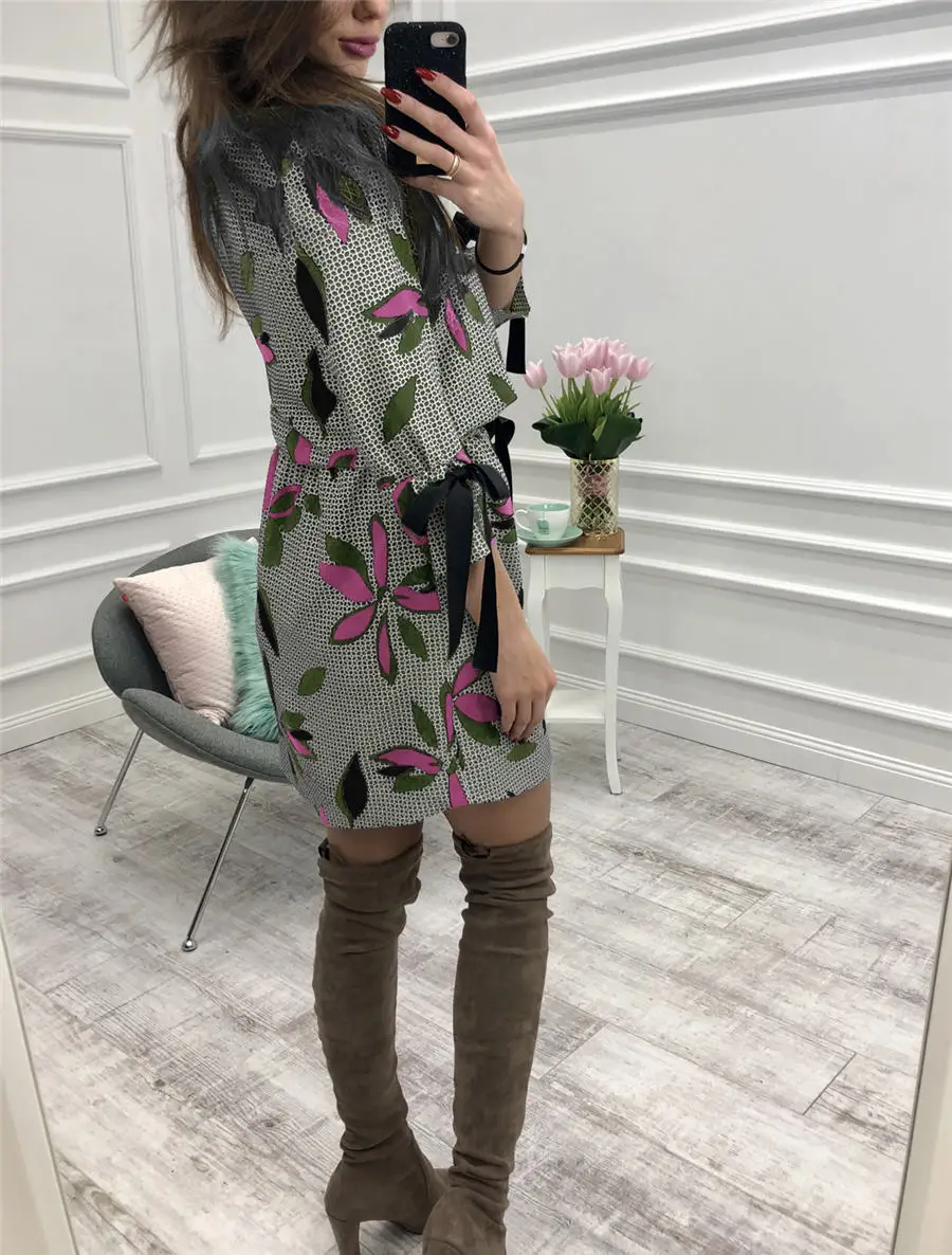 Gladiolus Floral Print Women Autumn Dress 2018 O-Neck 34 Sleeve Belt Tunic Fashion Chiffon Dress Women Casual Mini Dresses 2XL (32)
