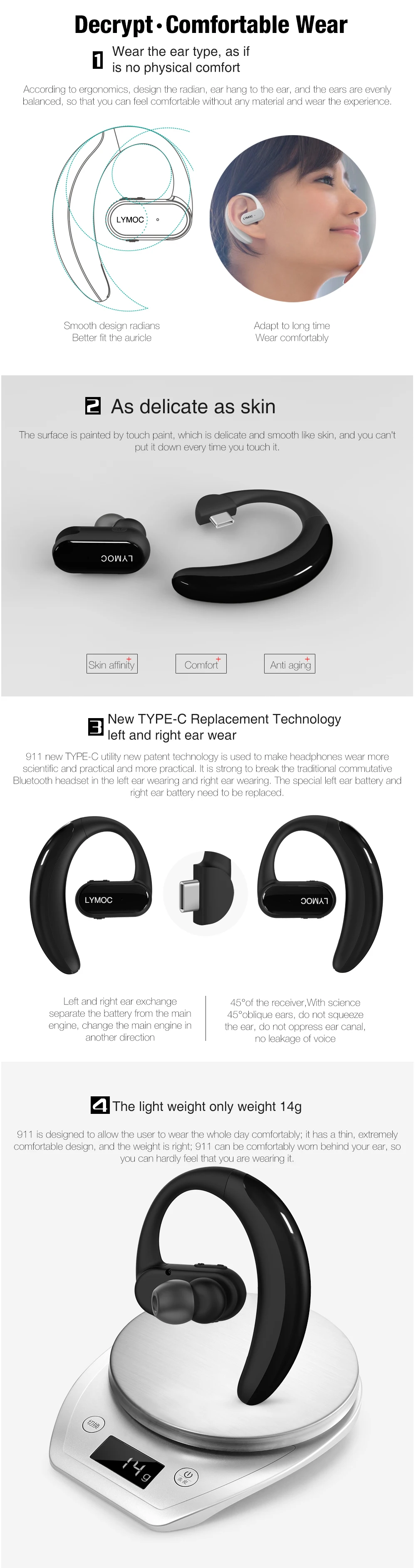 LYMOC новая техника Deluxe наушники Bluetooth type-C Батарея Smart Voice HD Mic Handsfree Наушники для iPhone samsung