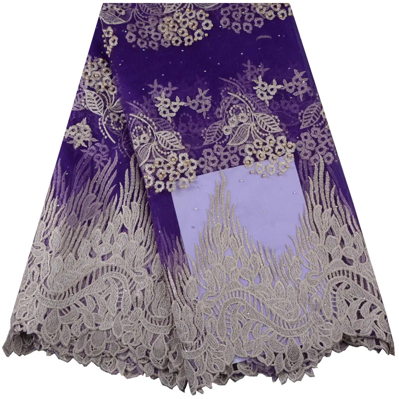 Королевский Фиолетовый дизайн африканская кружевная ткань высокого качества французская кружевная ткань для вечерние платья нигерийская кружевная ткань с бисером A922