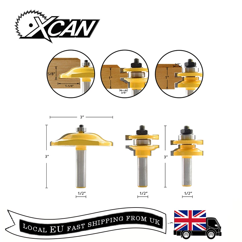 XCAN 3pcs 1/2'' Shank Ogee Raised Panel Door Router Bit Set Wood Milling Cutter Router