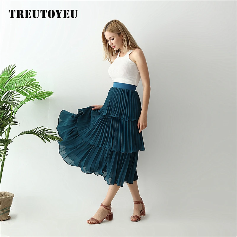 

2019 Summer Layered Chiffon Pleated skirts womens harajuku high waist Maxi long skirt spodnica jupe faldas rok saia plissada