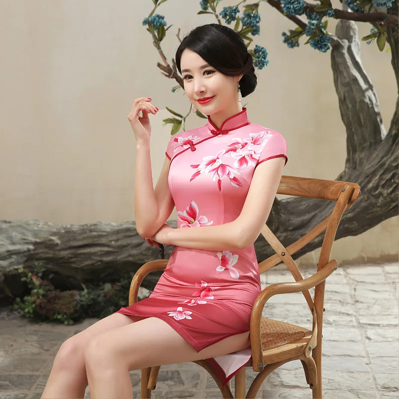 Китайский Cheongsam элегантный тонкий цветочный Повседневный винтажное женское платье Атласный Костюм Тан короткие платья s-xxl