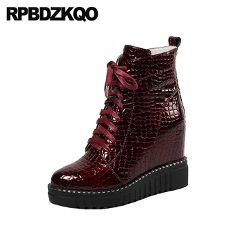

wedge front lace up casual ankle boots autumn high heel snakeskin women shoes quality patent leather snake wine red booties