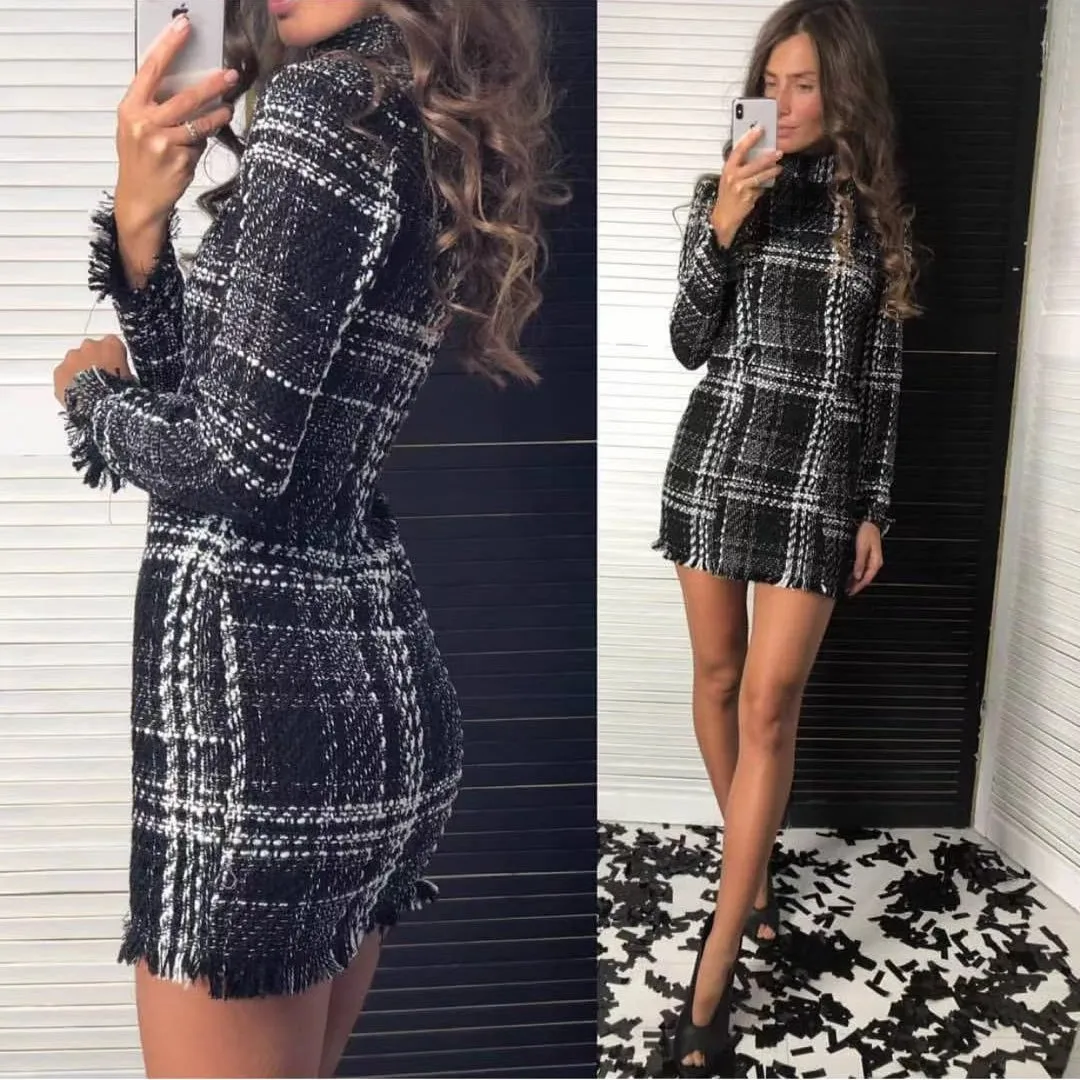 Najtaniej Vintage Turtleneck plaid tweedowa sukienka kobiety zimowa sukienka Sexy mini obcisła sukienka elegancka czerwona sukienka do pracy biurowej 2019 vestidos